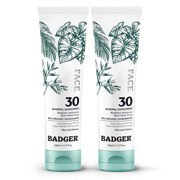 Protector solar Badger de óxido de zinc para rostro, SPF 30, 50 ml, paquete de 2