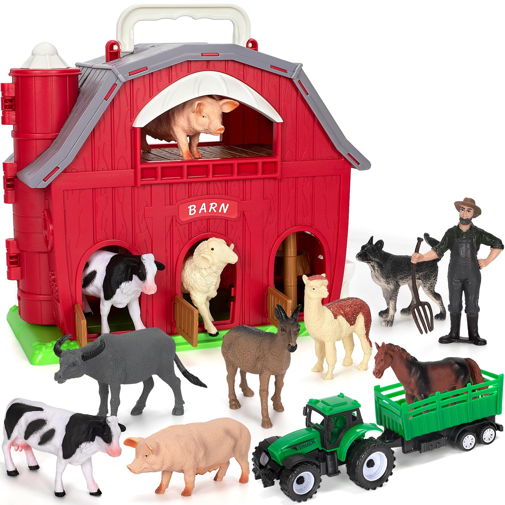 Farm Animals Toys Ellinjan Big Red Barn Con Figuras Y Tractor