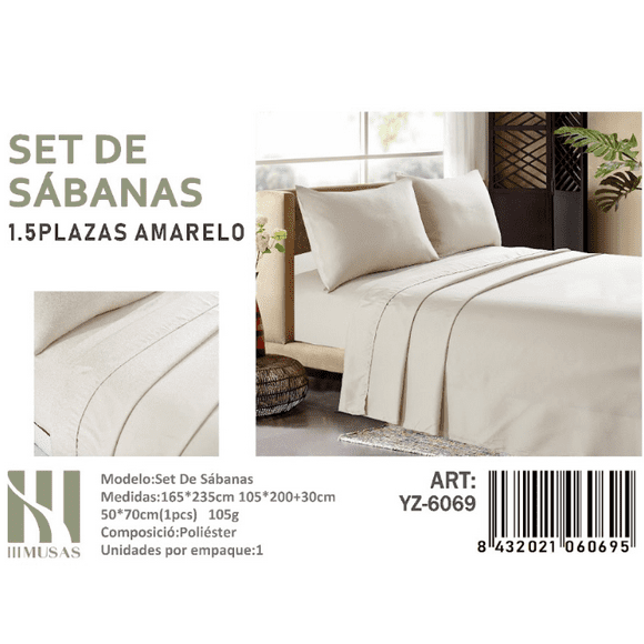Set De Sabanas Plaza Y Media Color Amarelo 200 Hilos + 1 Funda De Almohada