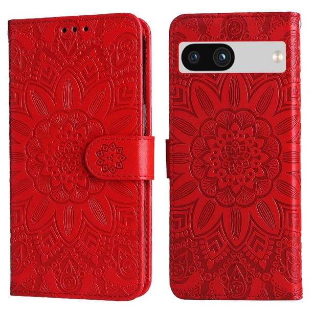 Funda tipo cartera FOXDOCK para Google Pixel 7A , diseño girasol en relieve, cuero PU, cierre magnético, soporte y tarjetero