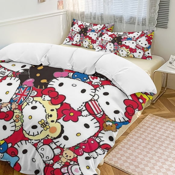 Cute Hello Kitty Thickened Three-piece Bed Set Cartoon Pillowcase Anime Quilt Cover Bedroom Hotel Theme House Vacation Home Holiday Anniversary Gift