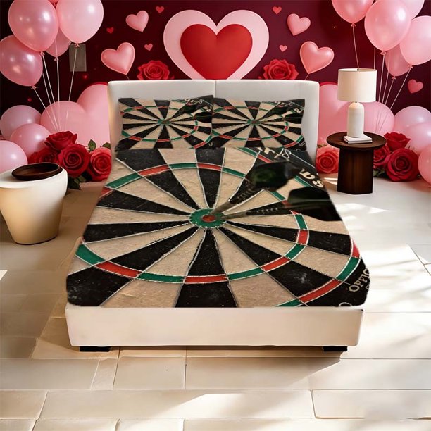 Dartboard with Darts Printed Fitted Sheet Set Combining Fashion with Warmth and Romance Suitable for All Seasons! Ideal for Family and Friends Perfect as a Holi