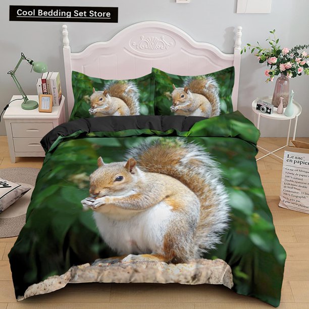Squirrel Duvet Cover Lovely Animal Bedding Set for Kids Teens Adults Wildlife Green Leaves Soft Quilt Cover Bed Sheets