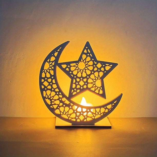 3D Wooden Handmade Moon Star LED Lights - Perfect Ramadan Kareem Ornament for Muslims, Eid Crafts, Home Decor & Themed Parties