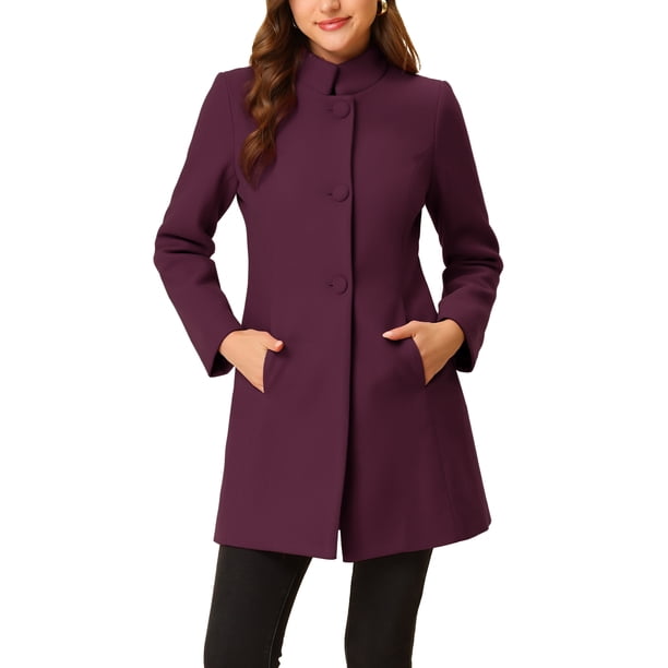 Abrigo de Invierno de Mujer INSPIRE CHIC de Largo Medio con Cuello Alto, Abotonado, con Bolsillos Inclinados y Forro Completo Rojo Purpúreo L