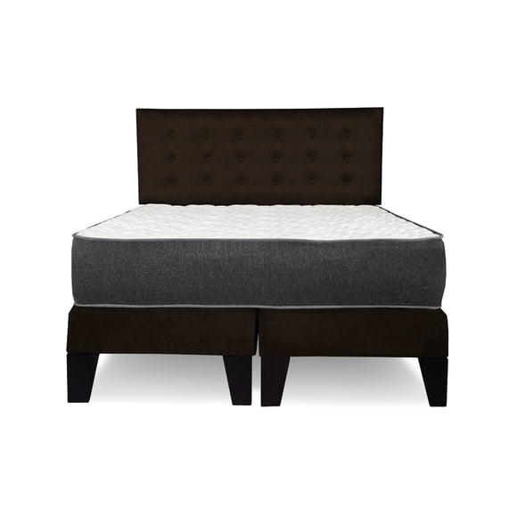 Cama 2 plazas completa Base americana + colchón de resortes + respaldo botones café