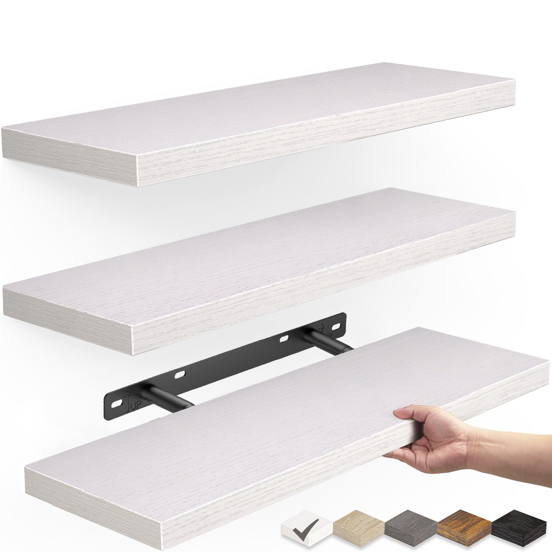 Bayka Juego De 3 Repisas Flotantes Blancas, Madera Rústica 41 Cm