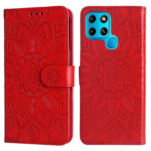 Funda tipo cartera FOXDOCK para Infinix Smart 6 , diseño girasol en relieve, cuero PU, cierre magnético, soporte y tarjetero