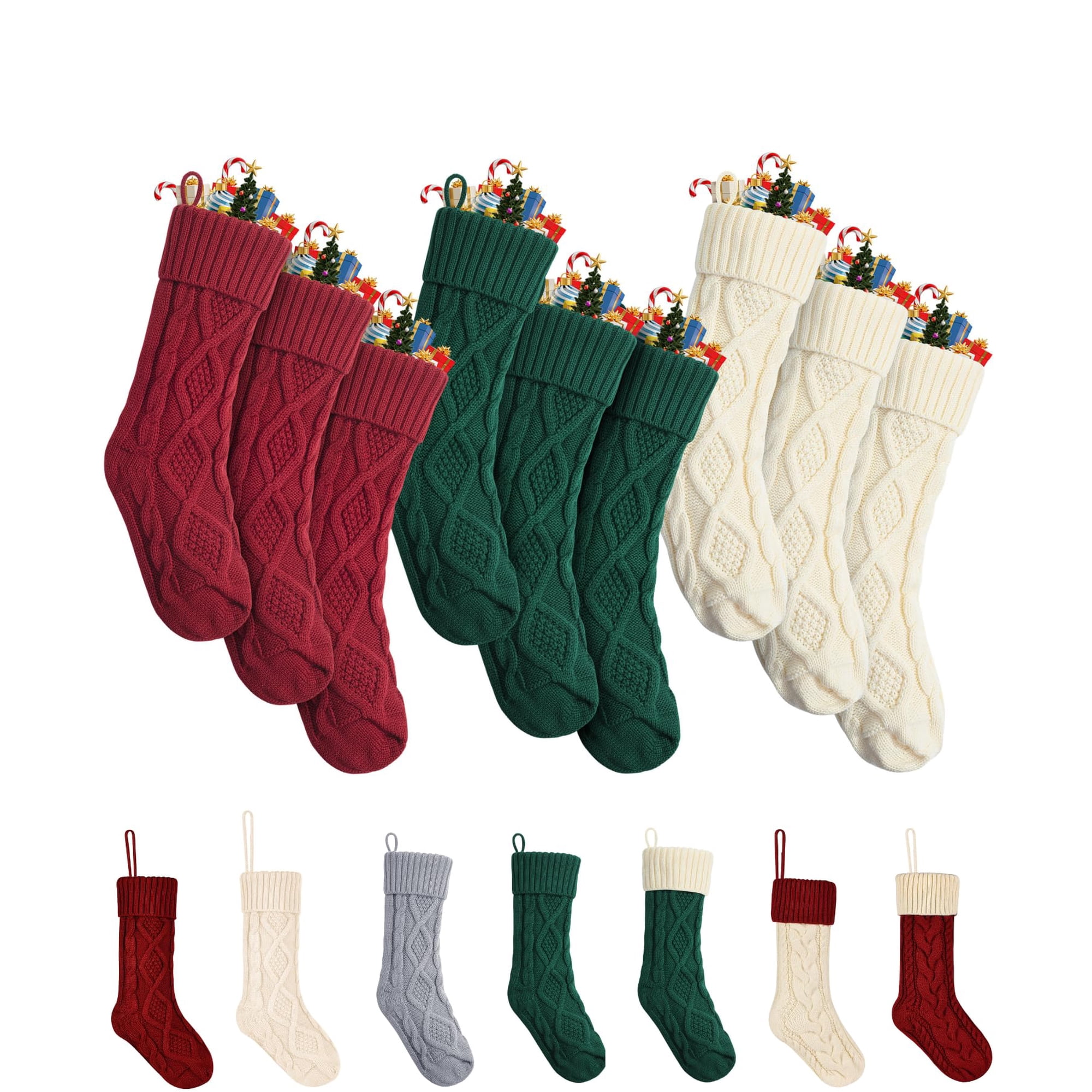 Medias Navideñas Mr. Pen, 9 Unidades, 45 Cm, Tejido Con Cable, Rojo, Crema Y Verde