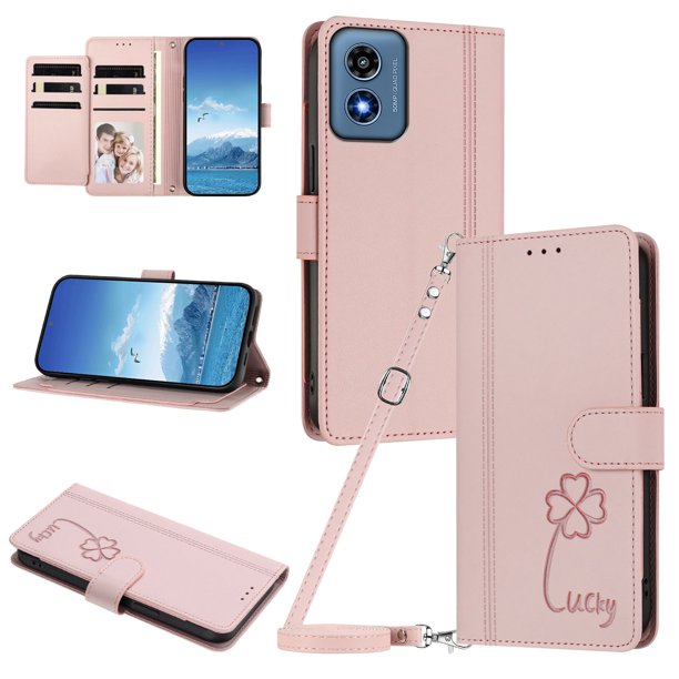 Funda Cartera Trébol para Motorola Moto G Play 2024 4G con Ranuras Tarjetas y Carga Inalámbrica Rosa