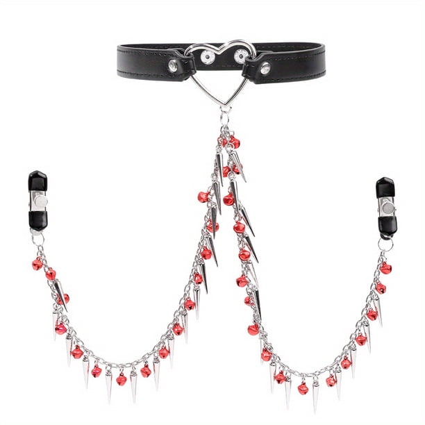 1pc Heart-Shaped Choker with Nipple Clamps and Chain for Couple Sex Play