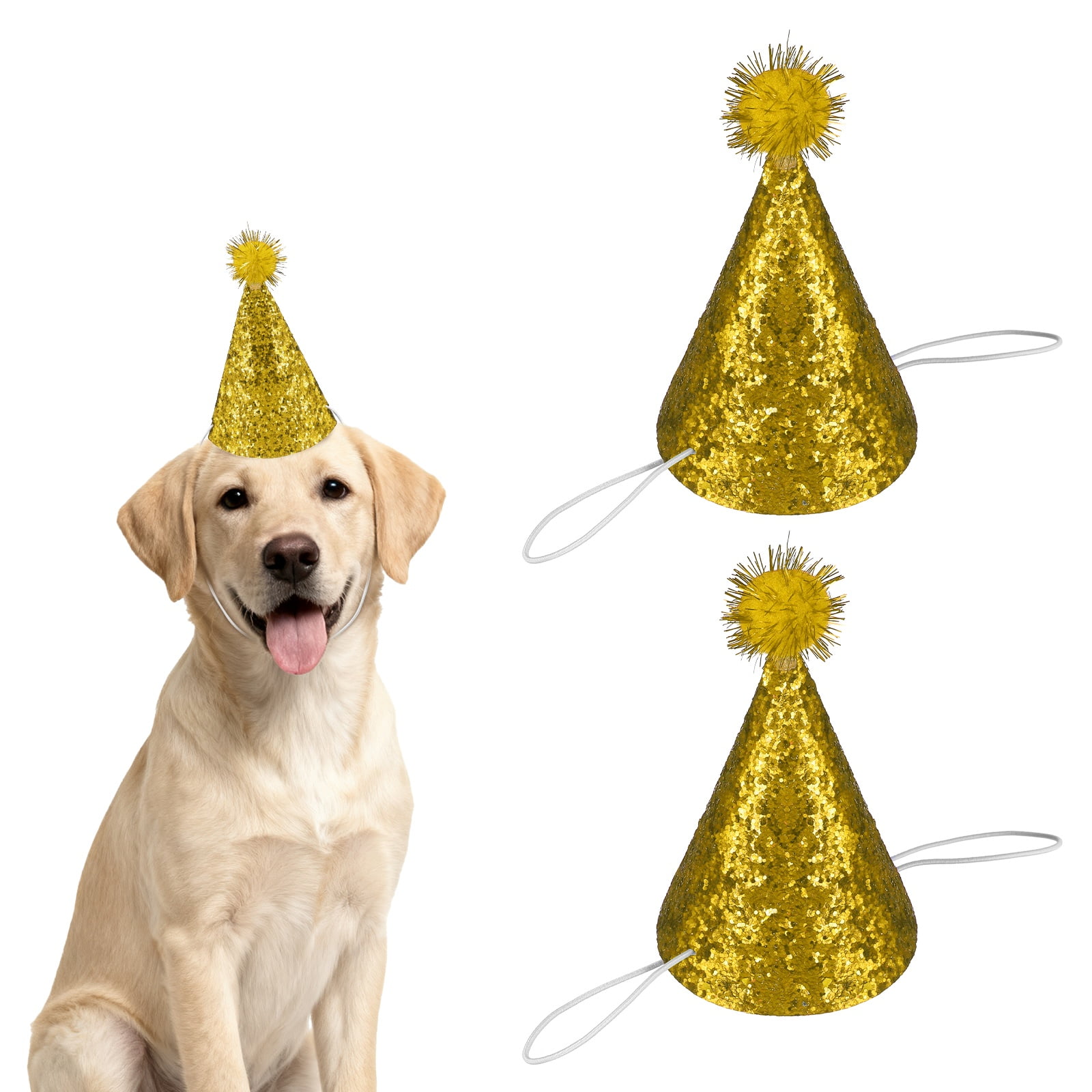 Sombrero de Cumpleaños para Perros Uxcell, Sombreros Pequeños para Perros Gatos Sombrero de Fiesta de Cumpleaños con Pompones Decoración Ajustable (Oro, 2 Piezas)