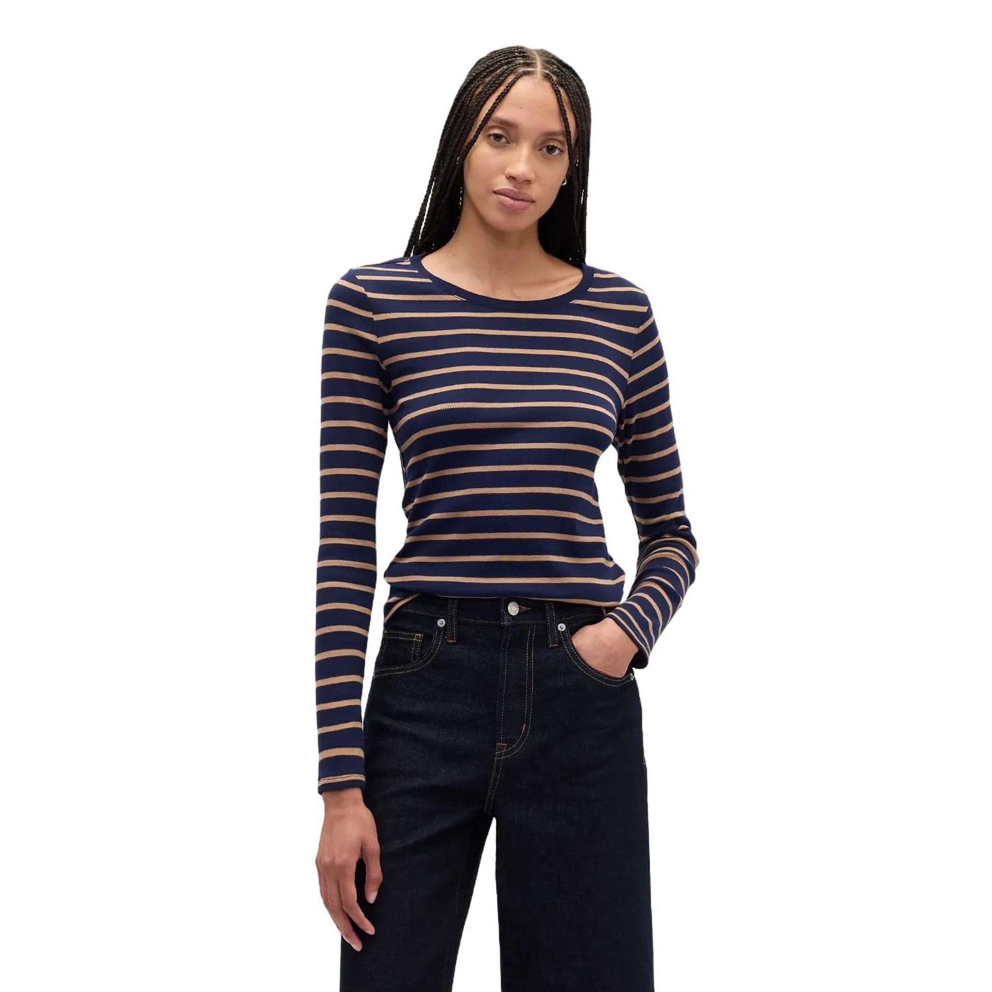 Top De Punto De Manga Larga Con Cuello Redondo Y Rayas Azul Marino Gap Para Mujer, Talla M