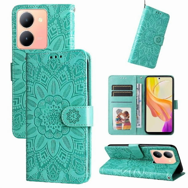 Funda tipo cartera FOXDOCK para Vivo Y36 4G/5G , diseño girasol en relieve, cuero PU, cierre magnético, soporte y tarjetero