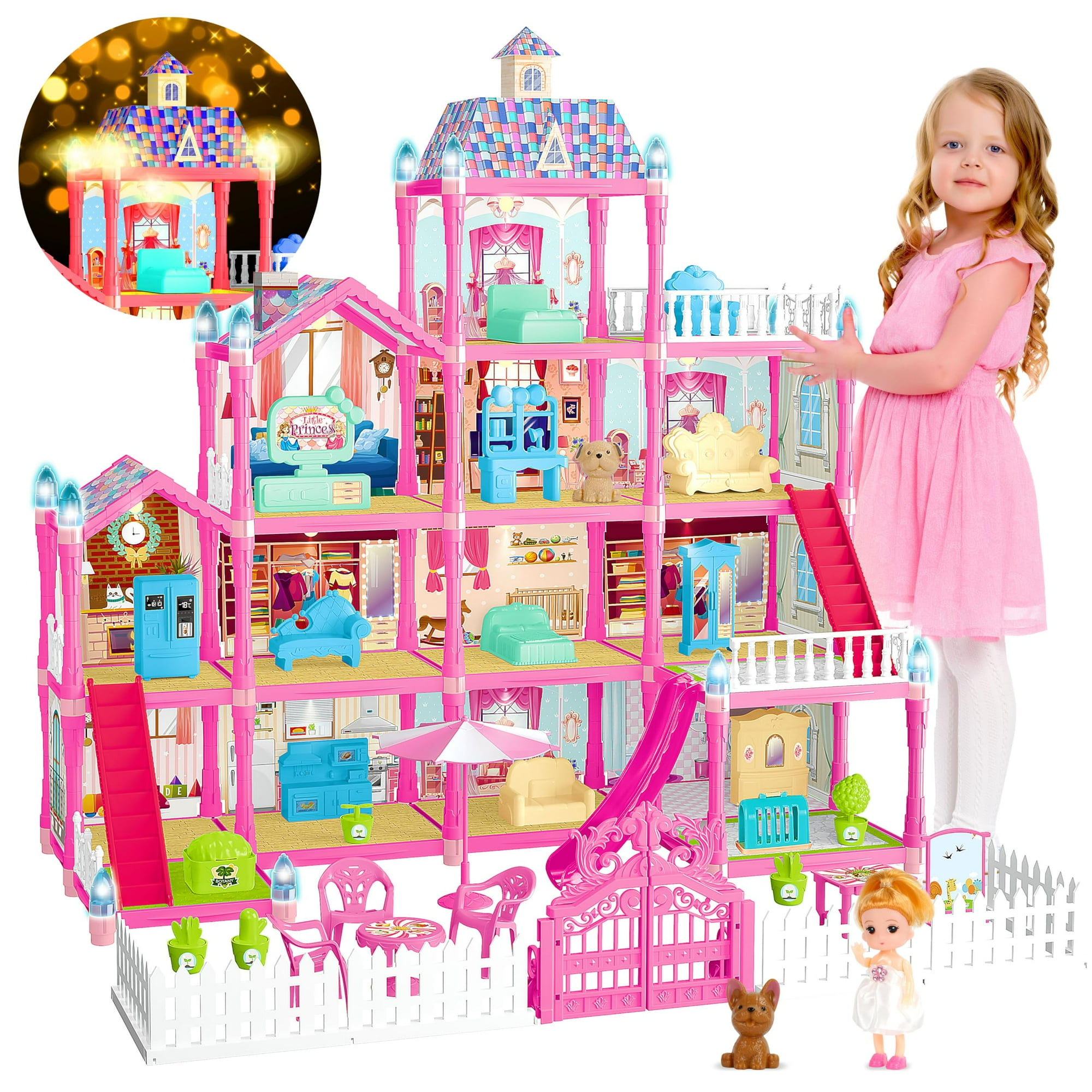Doll House Octeric 11 Habitaciones Con Muñecas, Cachorros Y Muebles, Color Rosa