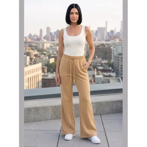Pantalón Mujer Flare Pierna Ancha Cintura Elasticada Camel