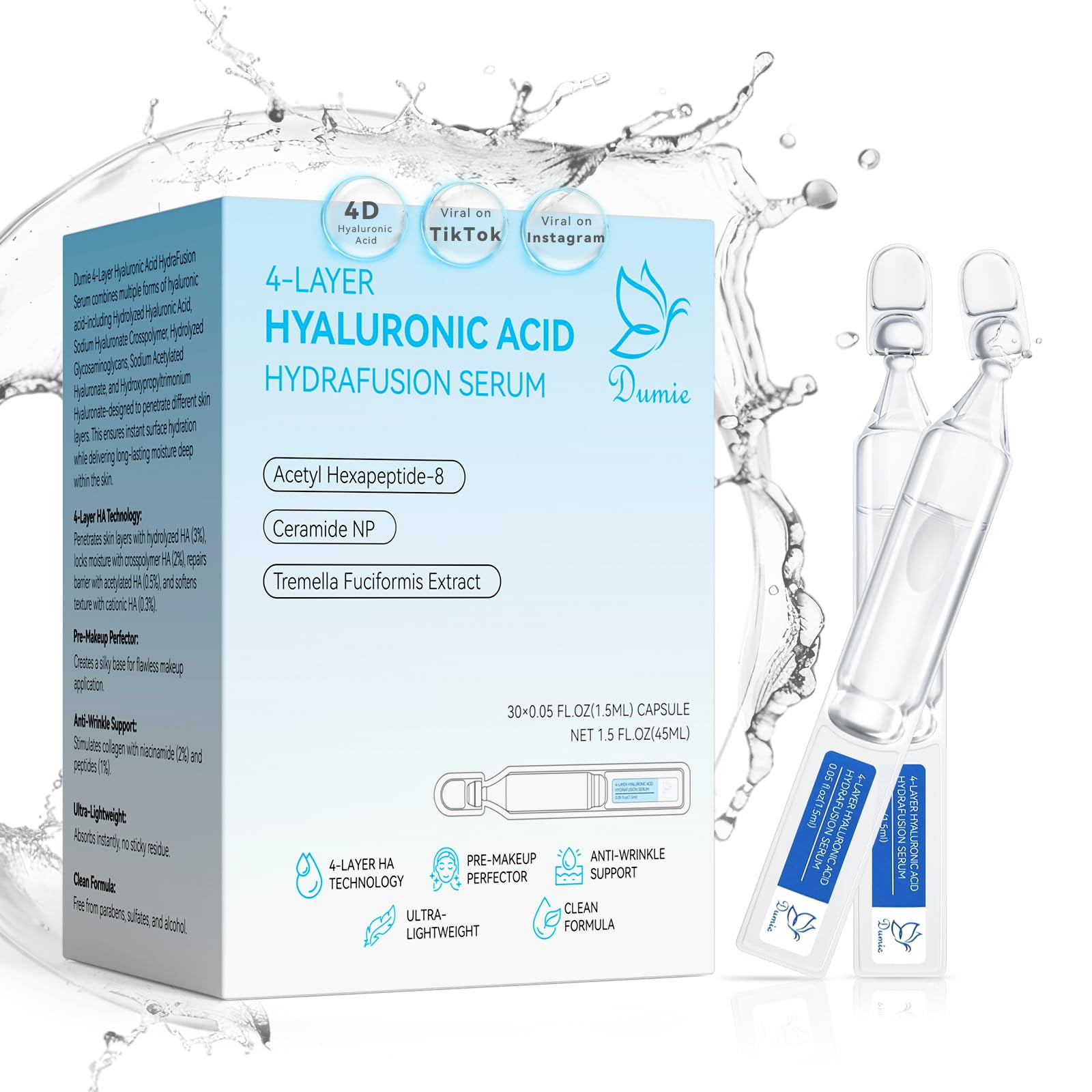 Serum Dumie Con 3% De Ácido Hialurónico Para Rostro, 30 X 1,5 Ml, Con Ceramida