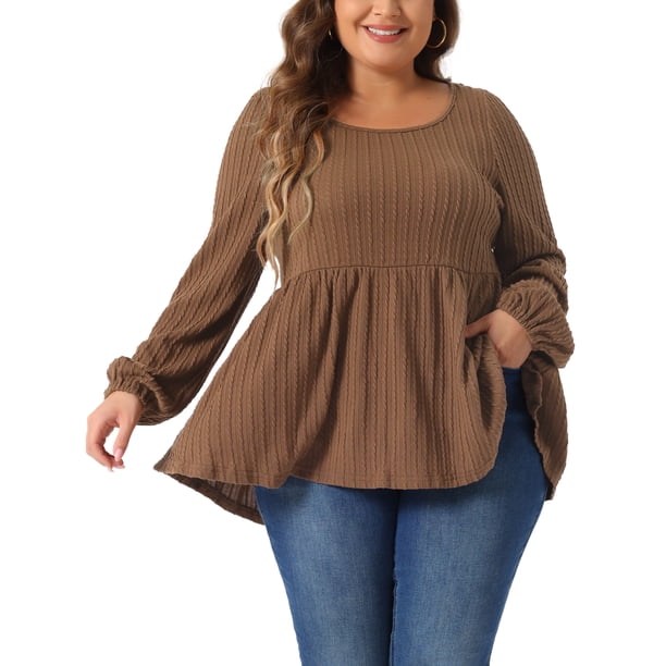 Agnes Orinda Blusas de Tallas Grandes para Mujeres Cuello Redondo Manga Larga Top de Punto Peplum 1X Marrón