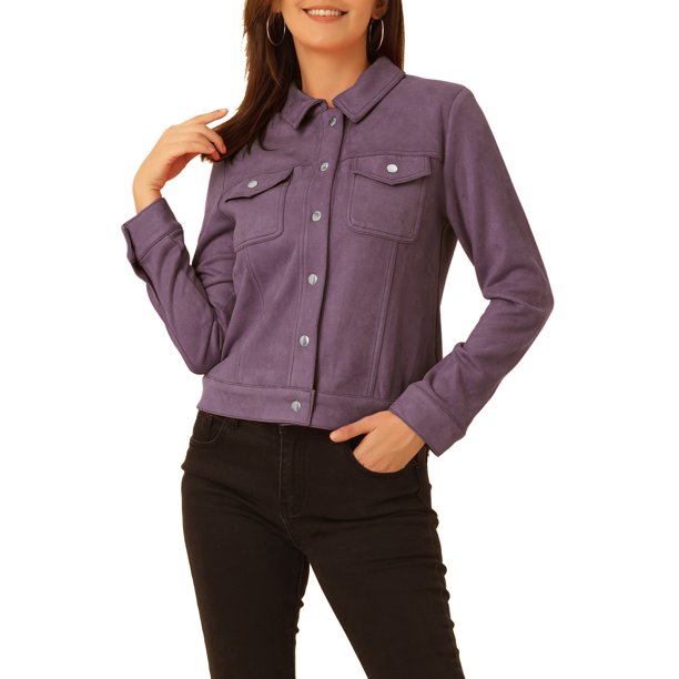 INSPIRE CHIC Chaqueta de Mujer con Cuello Abatible, Bolsillos con Solapa, Botones a Presión, Imitación de Ante, Talla S, Gris Púrpura
