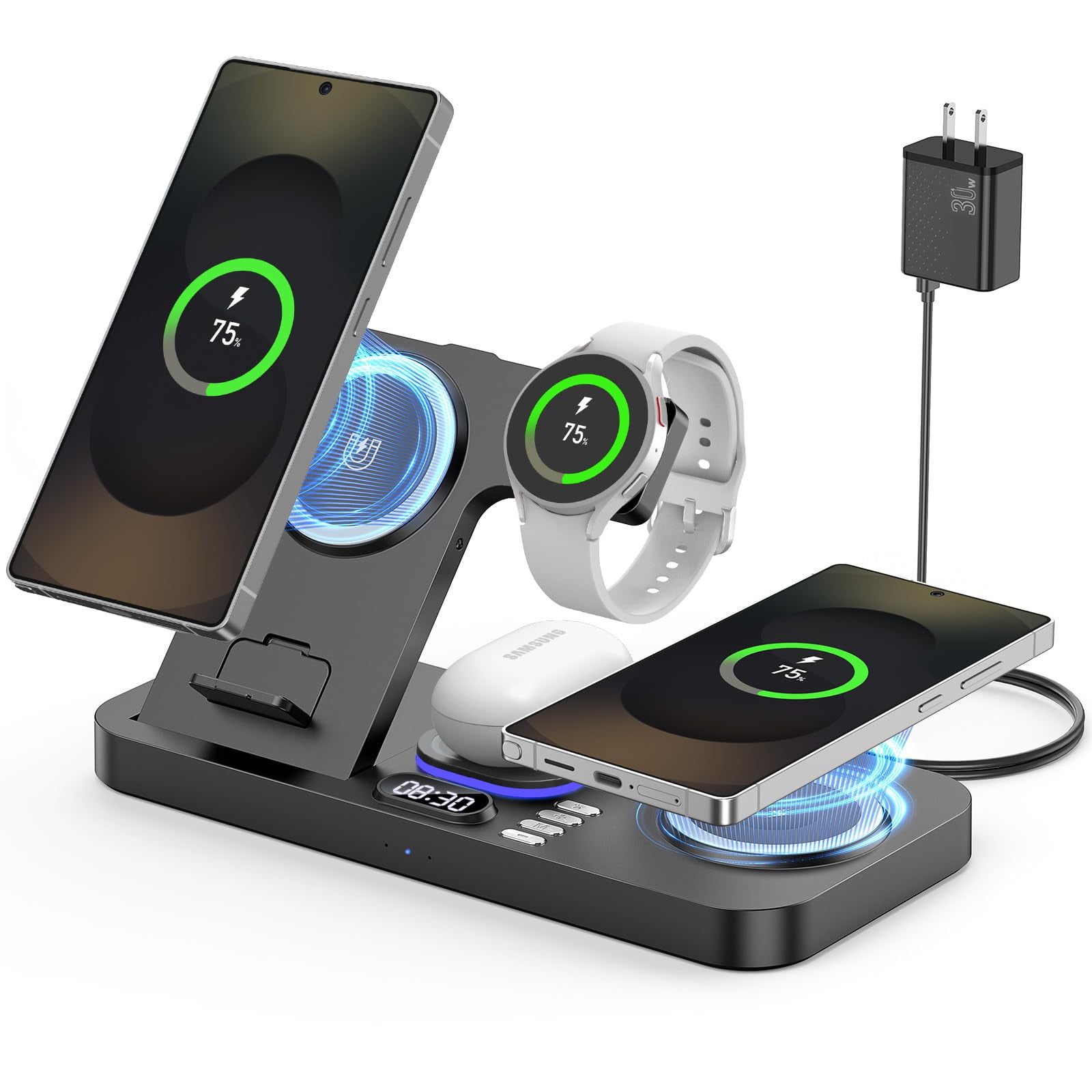 Cargador Inalámbrico Yijyi 2025 6 En 1 Para Samsung Con Reloj Y Luz