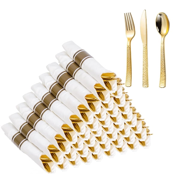 Platería desechable WELLIFE, paquete de 50 unidades, de plástico dorado con servilletas