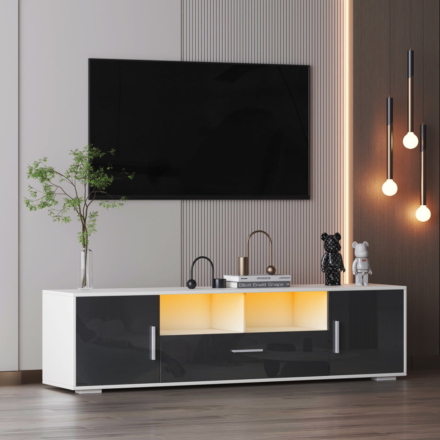 M&ms - Fashiontv Stand,tv Cabinet,entertainment Center Tv Station,tv Console,console With Led Light Belt, Light Belt Can Be Remote Control,with Cabinets,open Cells,for The Living Room,bedroom,white+dark Gray