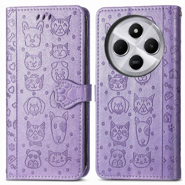 Funda Cartera FOXDOCK para Xiaomi Redmi 14C , Flip PU con Relieve de Gatos y Perros, Tarjetero y Soporte