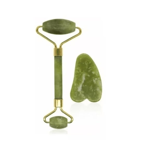 Set Rodillo Roller De Piedra Jade Masajeador Facial Gua Sha