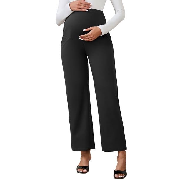 INSPIRE CHIC Pantalones de Maternidad de Pierna Ancha para Mujeres Sobre el Vientre Elásticos y Extensibles con Bolsillos Negro X-Large