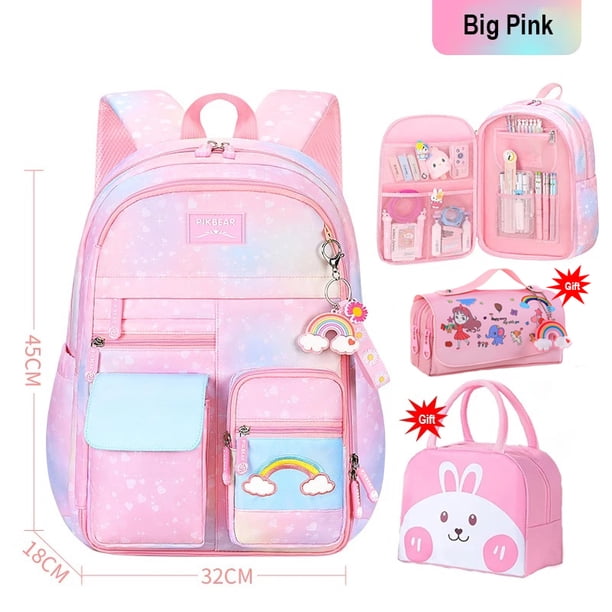 Kawaii Elementary Student Backpack Starry Rainbow Bookbag Large Capacity Schoolbag Set Multifunction School Bags for Children