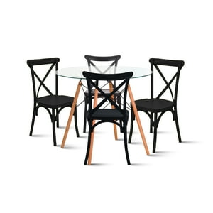 Klik Muebles - Comedor Mesa Eames Vidrio 80Cm + 4 Sillas Crossback Negras