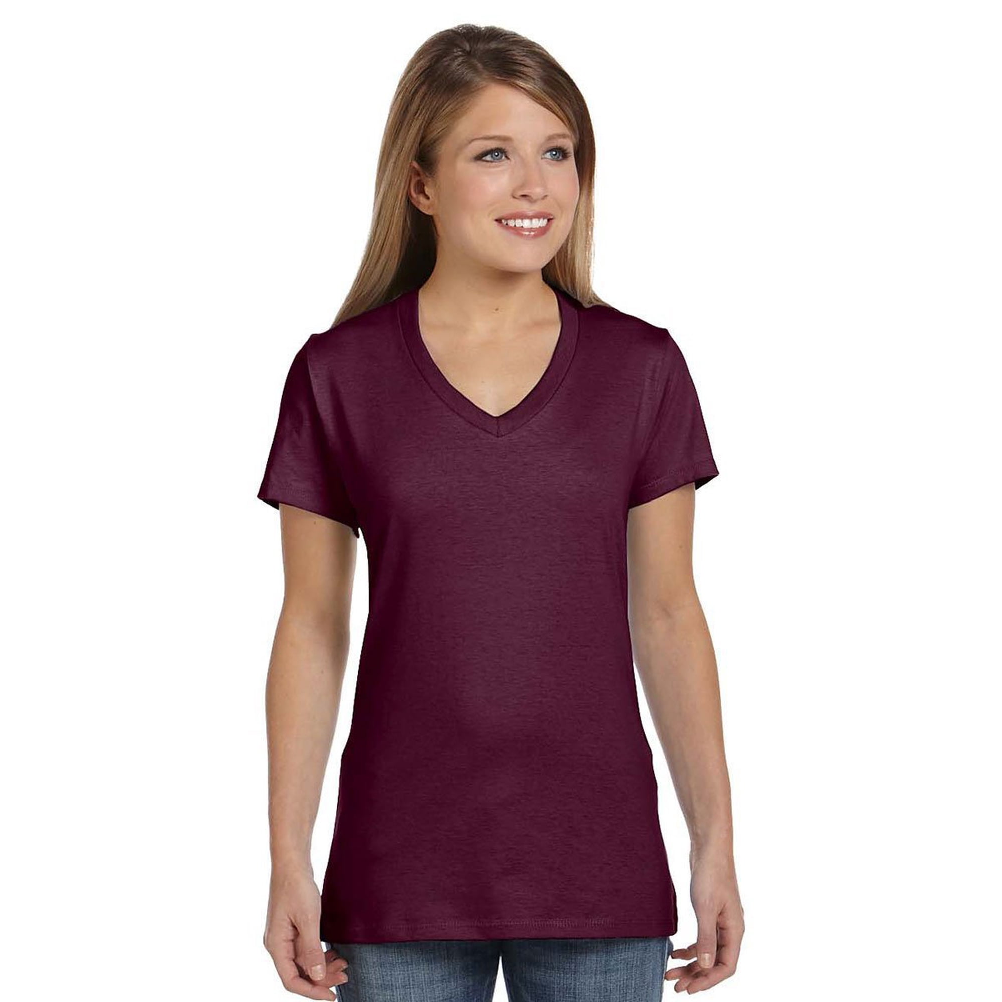Camiseta Hanes Nano Con Cuello En V Para Mujer, Color Granate, Talla Xxl