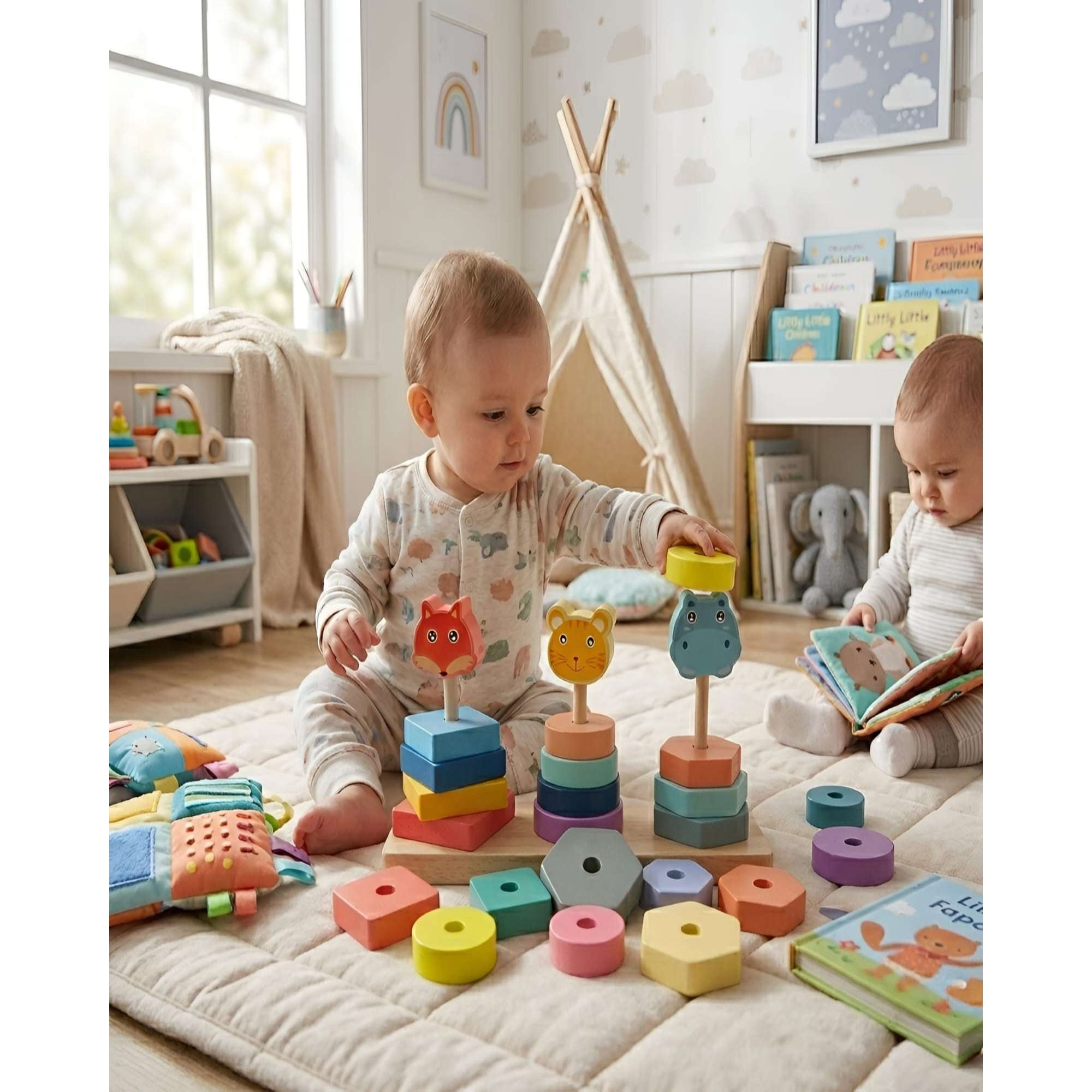 Decoideasemispa - Juguete Educativo Montessori De Madera Set De Torres Con Animales