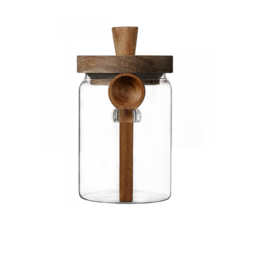 Xusx111 - Tarro De Vidrio Con Tapa De Madera Y Cuchara, Recipientes De Almacenamiento De Alimentos Tarro De Café Contenedor De Molidos De Café, Bote De Almacenamiento De Alimentos De Vidrio (1 Piezas,
