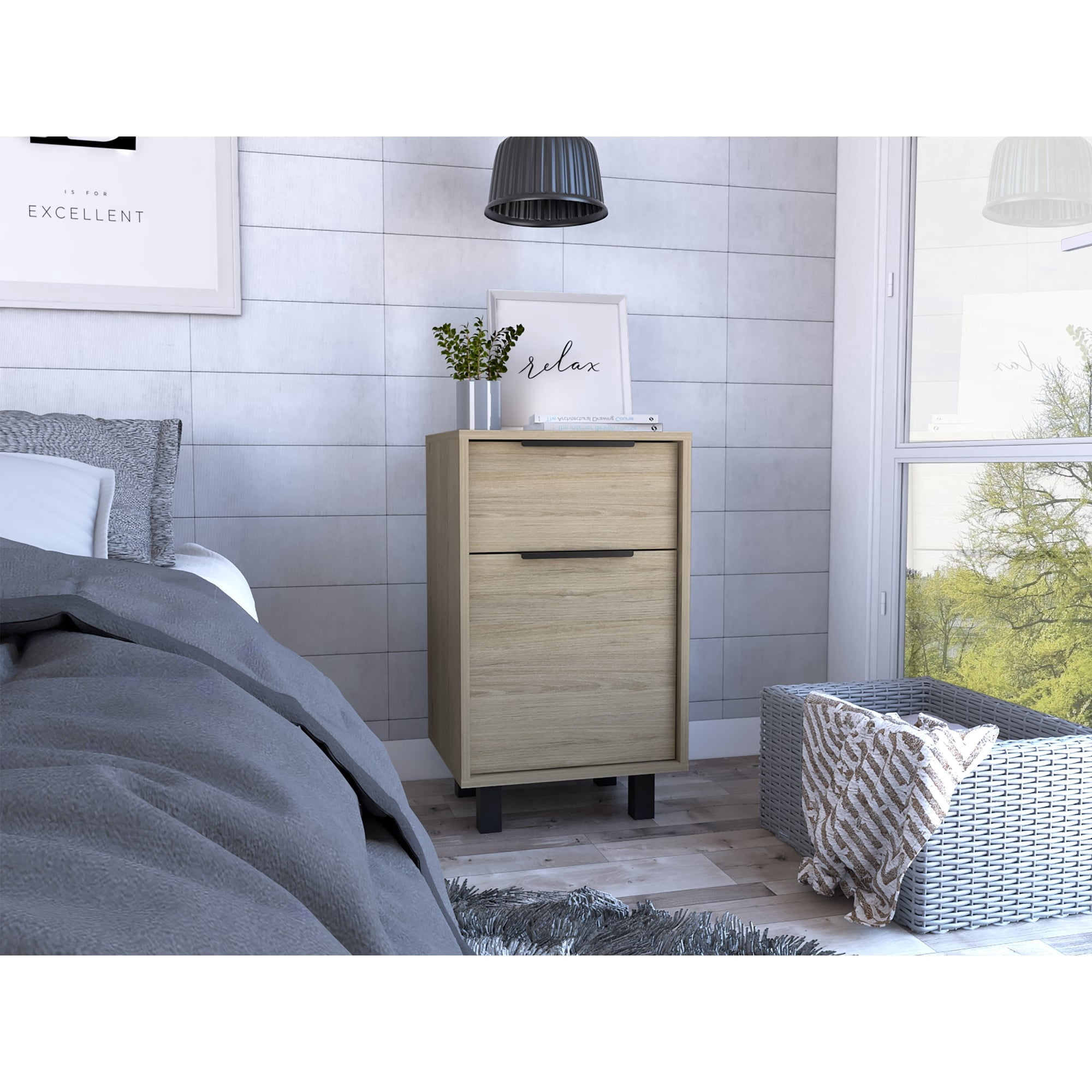 Tuhome - Velador Kaia 1 Cajón 1 Puerta Rovere Y Blanco 70x41x36 Cm