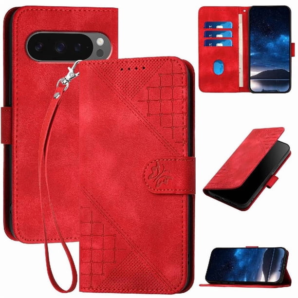 Funda Flip Premium Fibra de Carbono para Google Pixel 10 Pro XL con Soporte y Cierre Rojo