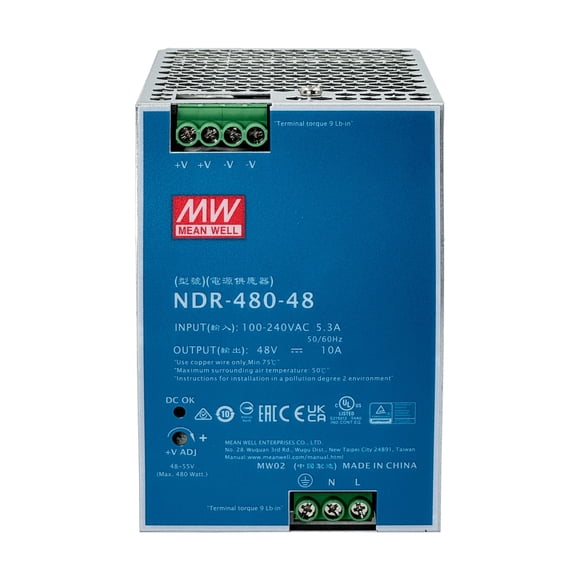 NDR-480-48 Fuente de alimentación MEANWELL riel DIN 48 VCC, 480 W, 10 A, ajustable 48-55 V, ancho 86 mm