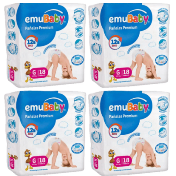 Pack x4 Emubaby Premium G 72 pañales