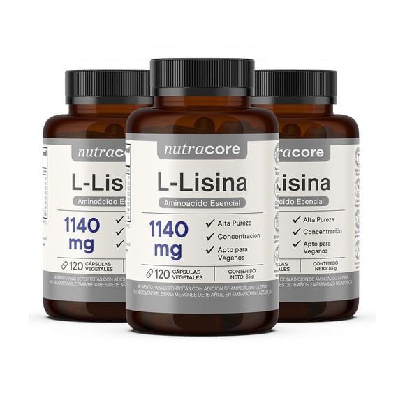 L-Lisina 1140mg - Pack 3x120 Cápsulas Vegetales | Nutracore