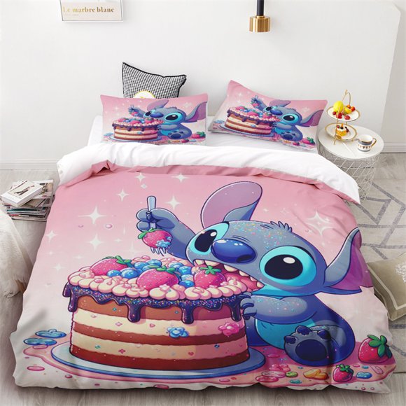 Duvet Cover Cute Cartoon Stitch Eating Cake One Quilt Cover Two Pillowcases Single Double Bed No Filling Inside