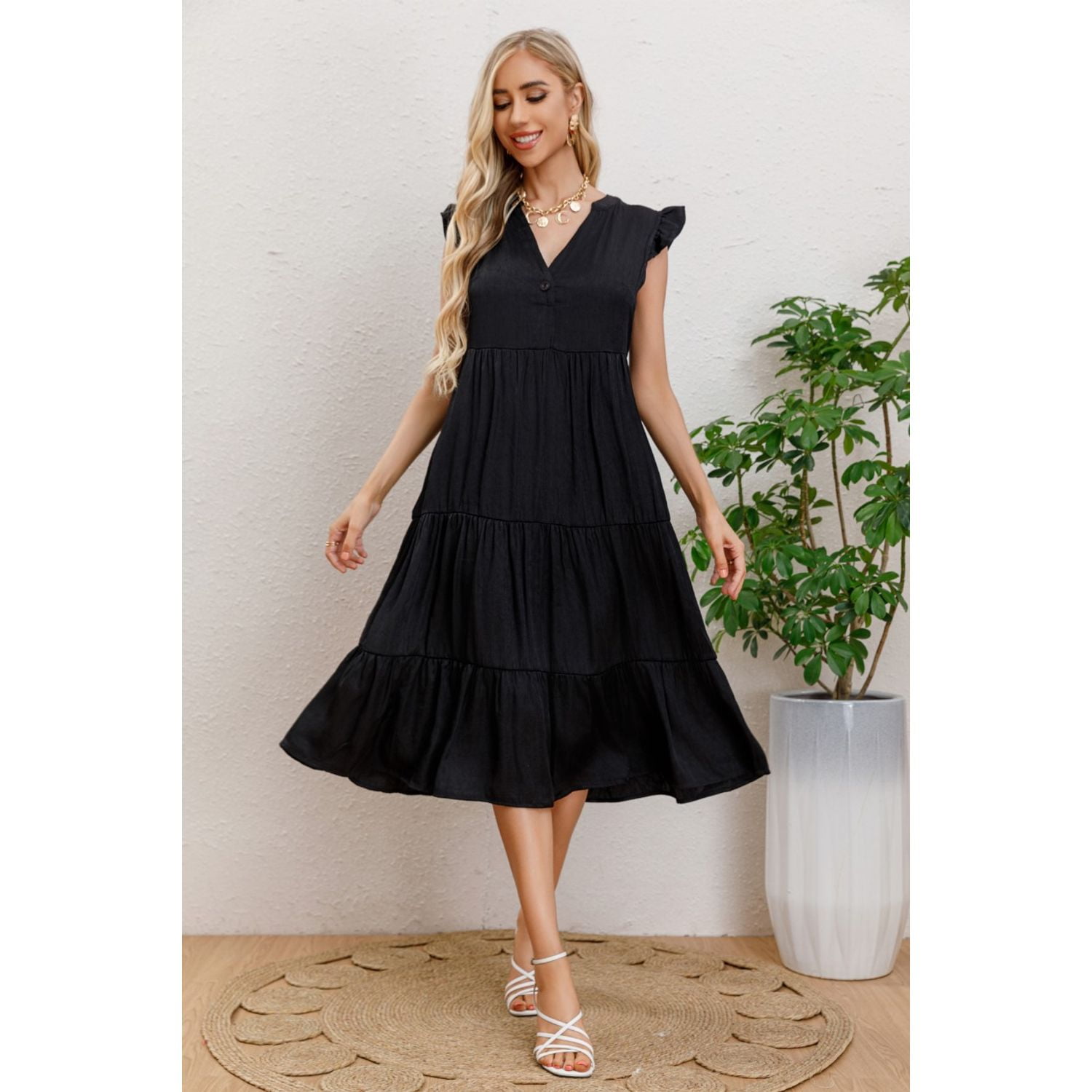 Likeshop - Vestido Largo Algodon Primavera Mujer Cuello Mao Manga Corta 3322