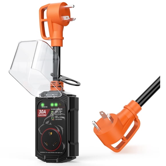 Vehiker Protector de Sobretensiones para RV 16000 Julios 30 A, Protección de Voltaje para RV, Enchufe Adaptador para Camper, Analizador de Circuitos para Remolques de Viaje con Cubierta Impermeable
