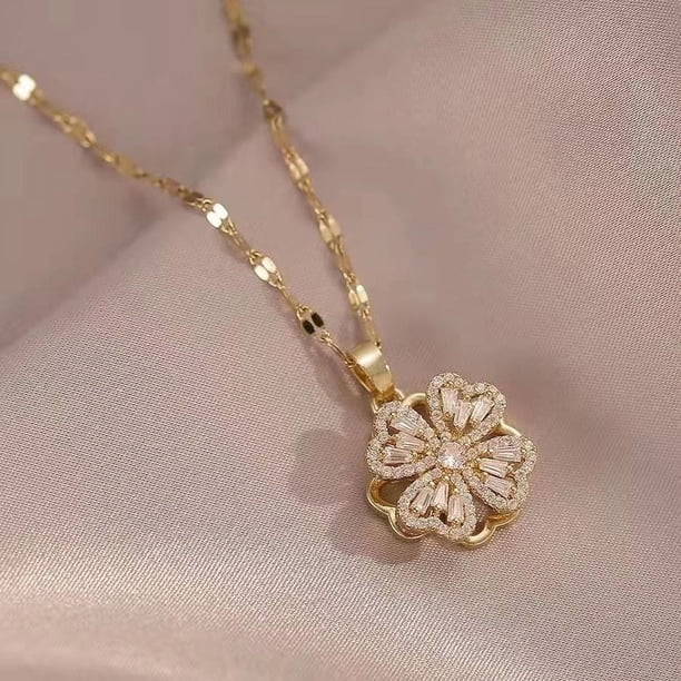 [18k Gold Plated Four-Leaf Clover Pendant Necklace - European and American Style, 360° Rotation, Luxury Banquet Party Jewelry Accessory, Temperament Light, Niche Design, Sense of Luxury
