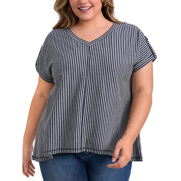 GRACE & GRANDEUR Blusas de Mujer Talla Grande con Rayas Verticales Escote en V Manga Corta Hombro Caído 1X Azul Gris
