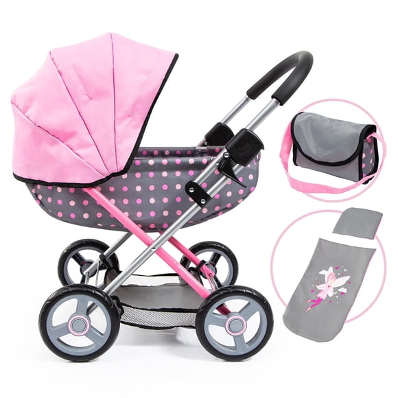 Cochecito Bayer para muñecas Cosy Fairy Poka Dot gris y rosa con Acc
