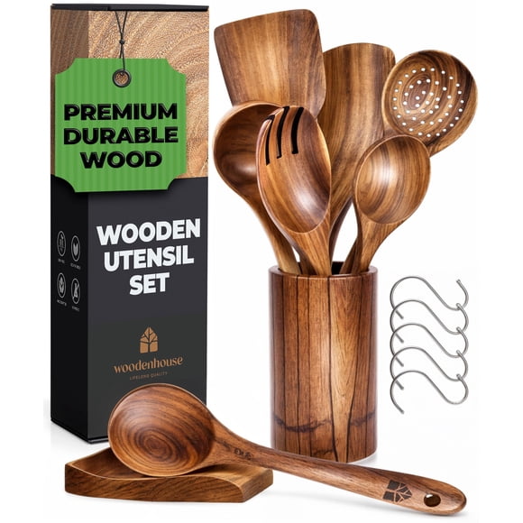 Juego de utensilios Woodenhouse de madera de teca de calidad duradera, 8 piezas