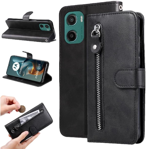 Funda tipo cartera para Motorola Moto E15 con bolsillo con cremallera y ranuras para tarjetas – Función de soporte Negro