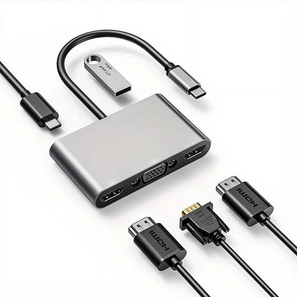 Dual HDMI Adapter, Docking Station Dual Monitor, 5 In 1 Dual Monitor Adapter With 2*HDMI 4K, VGA, USB 3.0, 100W PD,USB C Hub For MacBook Pro Air And More, Compact Design