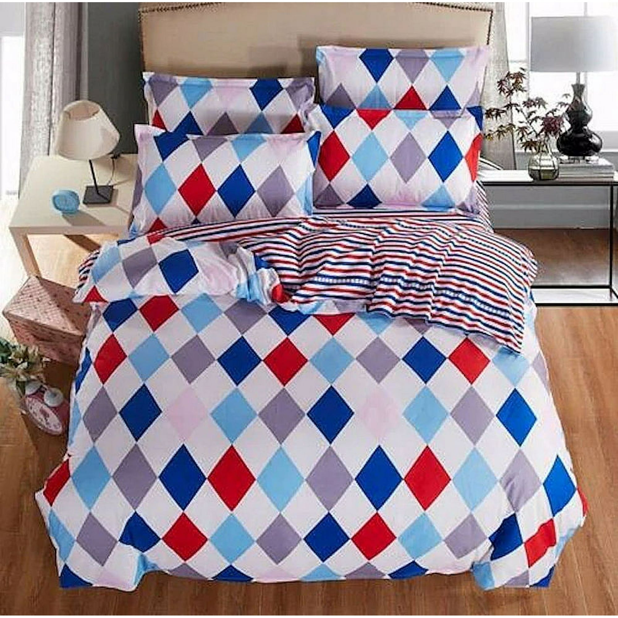 Milsleep - Rojo Azul Blanco Diamante Náutica Rayas Ropa De Cama 4pc Queen Juego De Funda Nórdica