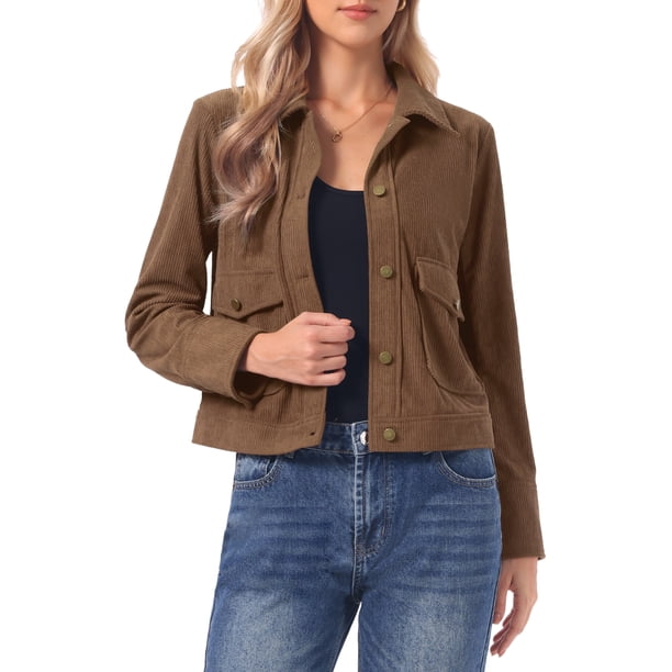 INSPIRE CHIC Camisas de Pana para Mujer con Botones Abajo Chaqueta Casual de Manga Larga con Bolsillos con Solapa S Marrón Oscuro